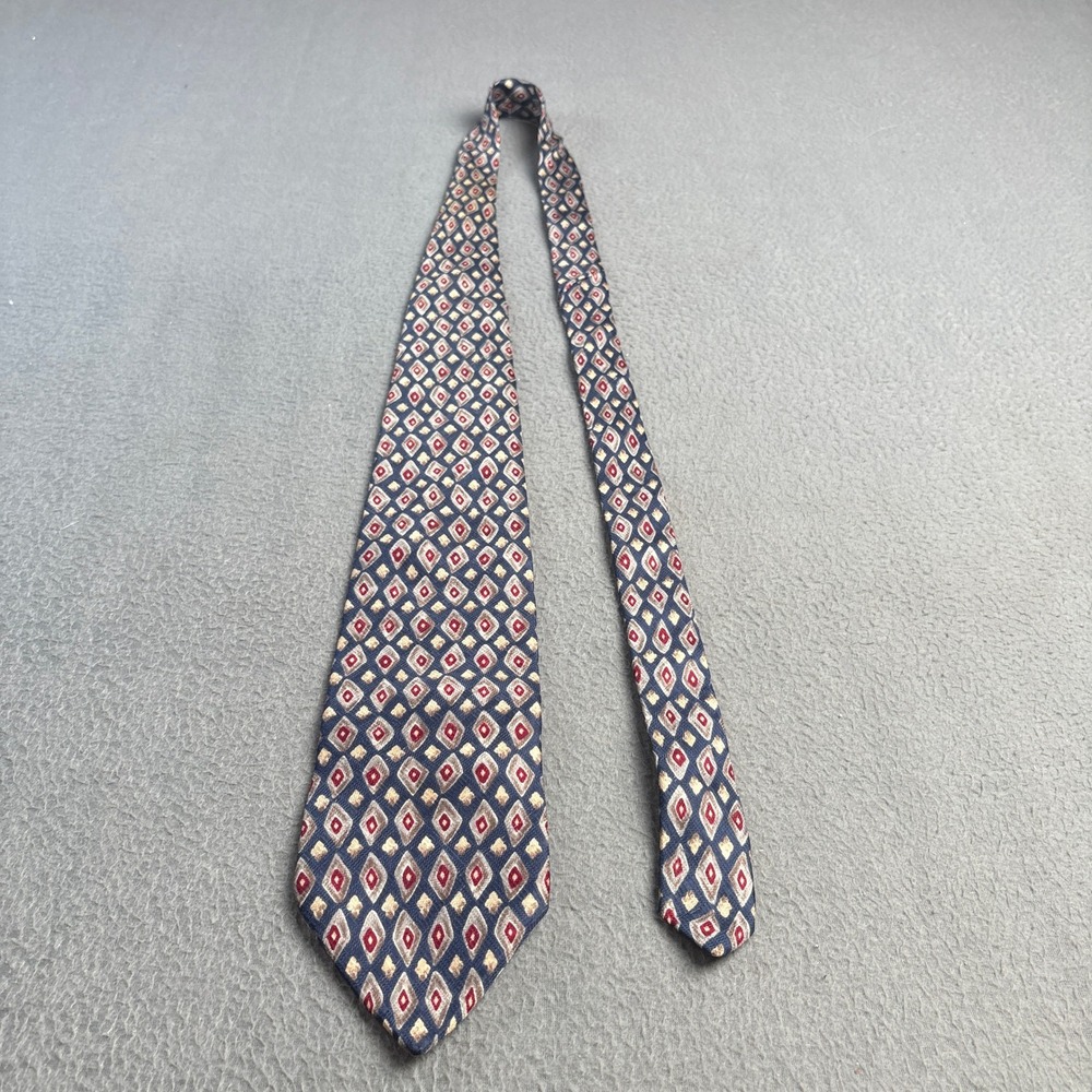 Christopher Hayes Mens Silk Tie Navy Blue Red Gold Diamond Geometric Italian